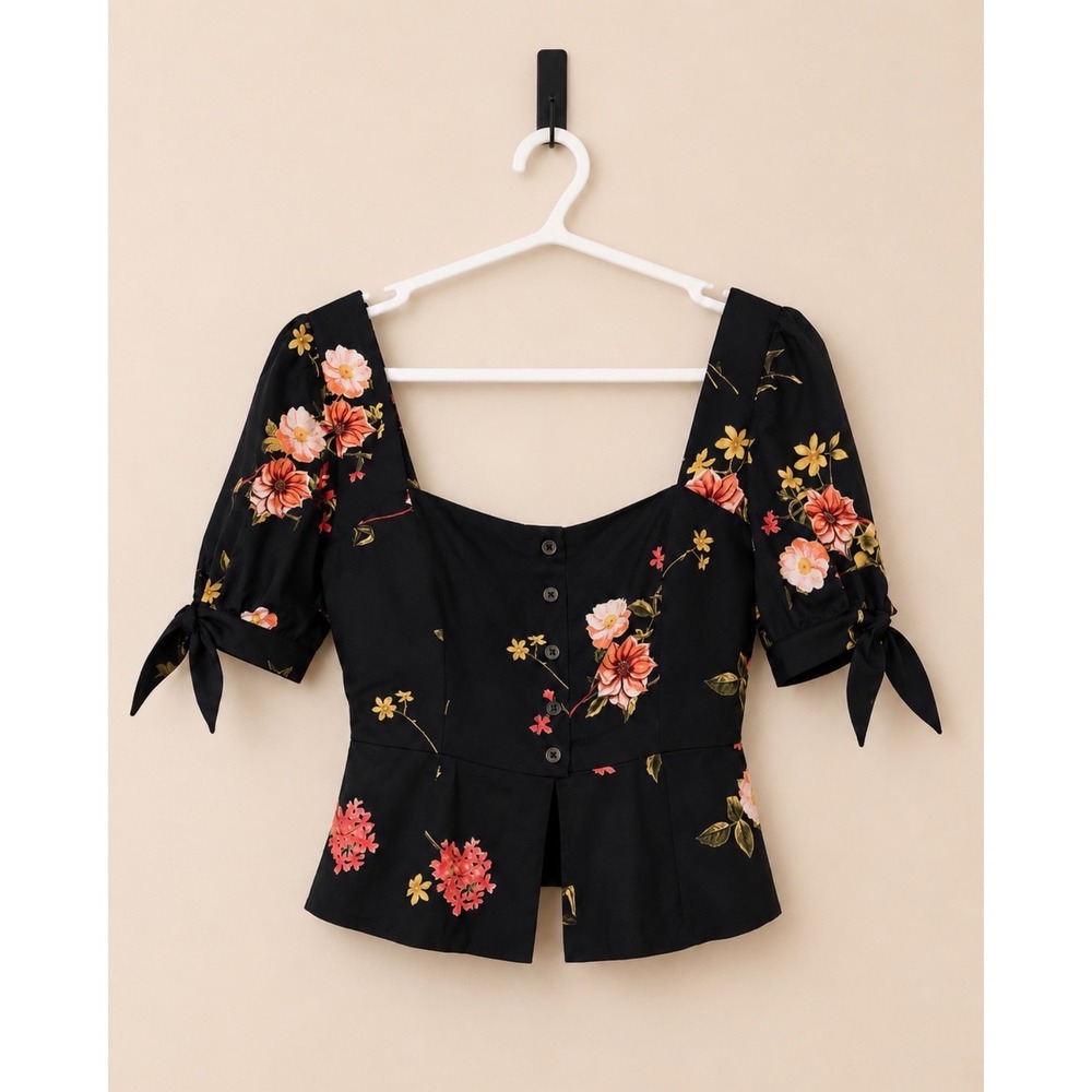 Capulet Black Floral Peplum Blouse Square Neck Puff Sleeve Tie Cuff Top Medium